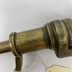 Two 19th century brass 12-bore cartridge making tools comprising bench mounting Bartram & Co Patent 'Nimrod' re-loader and J.C. Cocker Patent 5535 redecapper with turned wooden rammer (2)