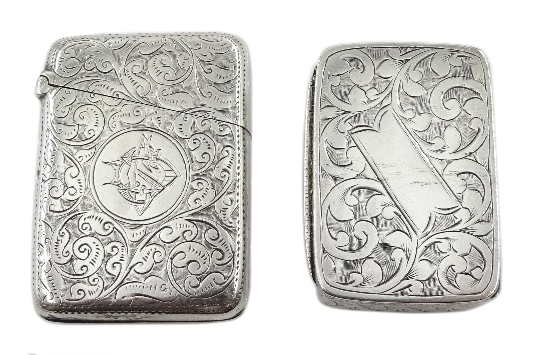 Victorian silver snuff box, bright cut decoration by John Rose, Birmingham 1899 and a vesta case by Stokes & Ireland Ltd, Birmingham 1893, approx 2.5oz