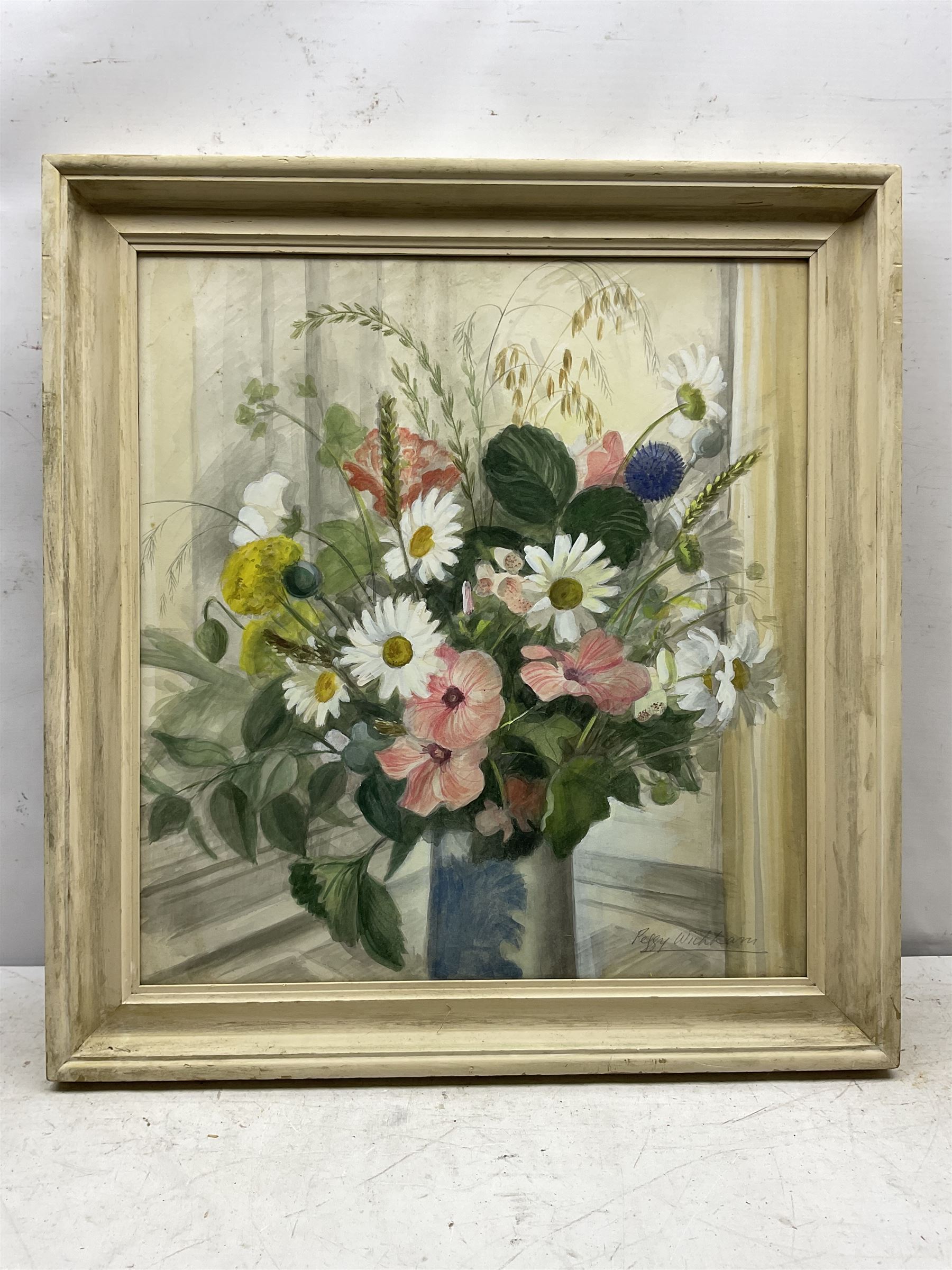 Peggy Wickham (British 1909-1978): 'Summer Flowers', watercolour signed, titled on 'Friends of Abbot Hall Picture Loan Scheme' label verso 53cm x 49cm 
Notes: Wickham was the daughter of Mabel Lucy Atwell and Harold Earnshaw.