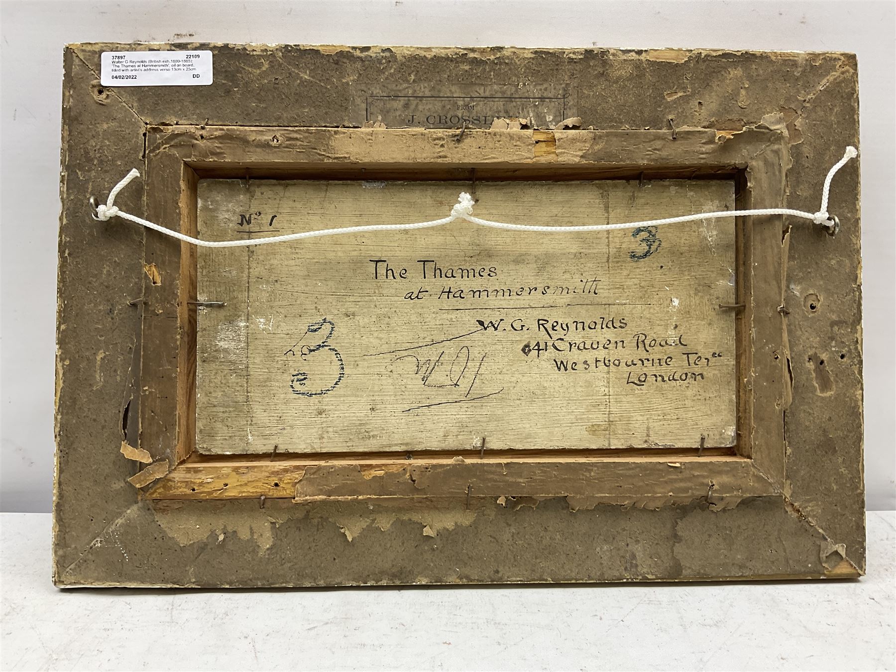 Walter G Reynolds (British exh.1880-1885): 'The Thames at Hammersmith', oil on board, titled with artist's address verso 13cm x 25cm