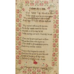 Victorian sampler by Margaret Harbert aged 9, dated 1848, worked with Lords Prayer verse within flowering vine border, framed, overall 67cm x 44.5cm 