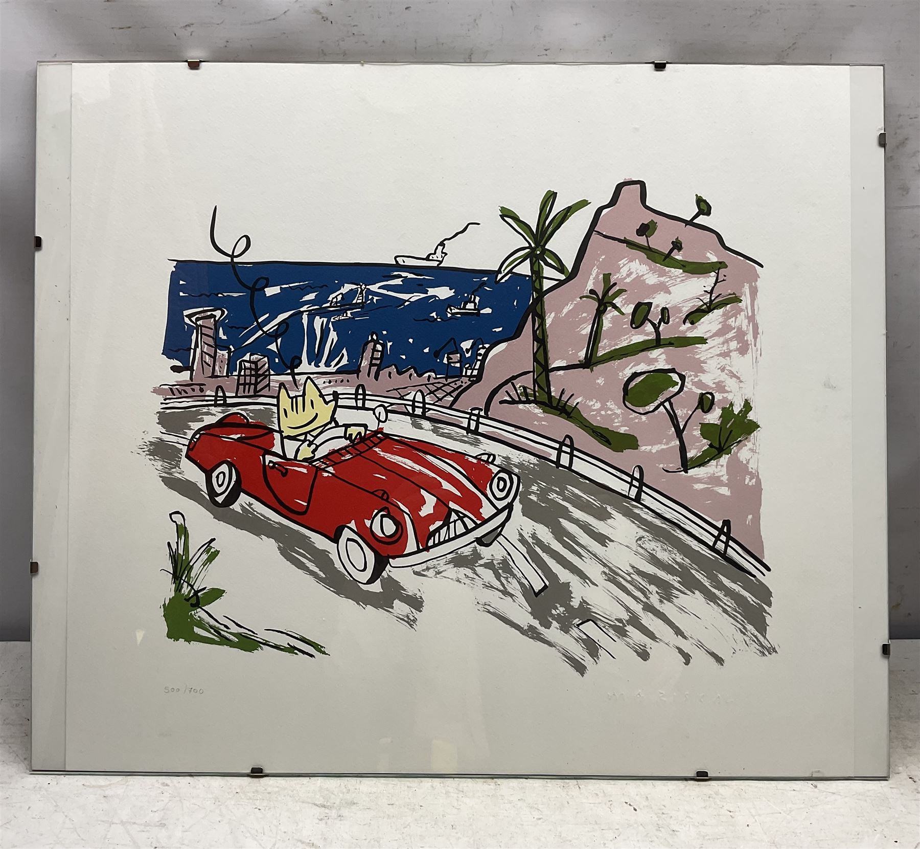 Javier Mariscal (Spanish 1950-): Cobi in Barcelona, set of three limited edition serigraphs embossed with signature and numbered 568, 500 and 581/700 in pencil max 50cm x 60cm 
Notes: Commissioned by SEAT in 1989 on the occasion of the Barcelona 1992 Olympic Games.