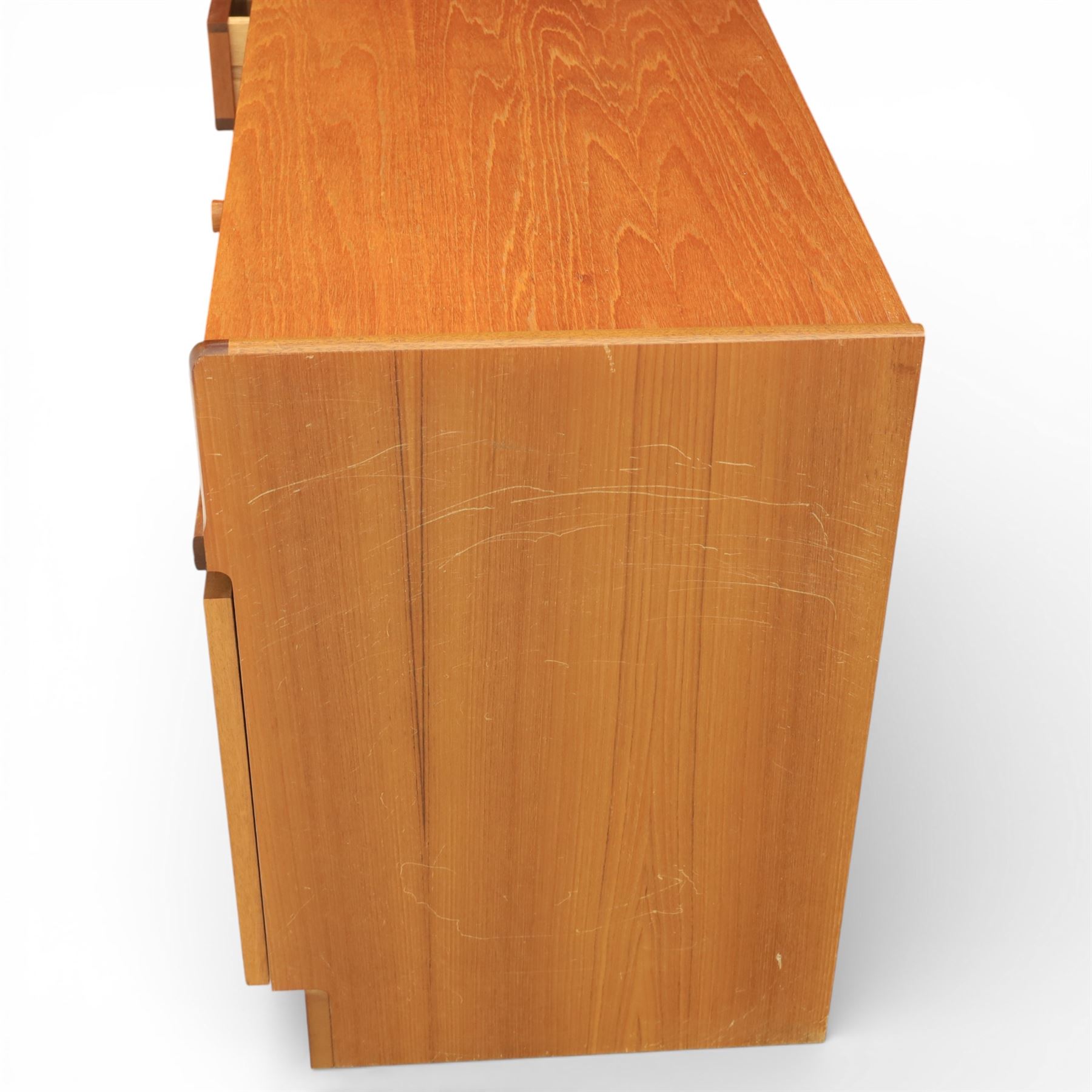 Nathan - 'Squares' low media sideboard, rectangular top over two drawers, above signature square panelled cabinet doors revealing storage for records, on a recessed base