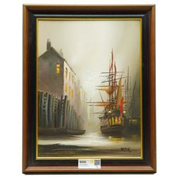 Barry Hilton (British 1941-): Ship in Moonlight, oil on canvas signed 40cm x 30cm