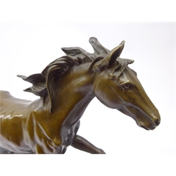  Large bronze study of a cantering Horse after Pierre Jules Mene, on naturalistic base and rectangular marble plinth, H40cm x W56cm   