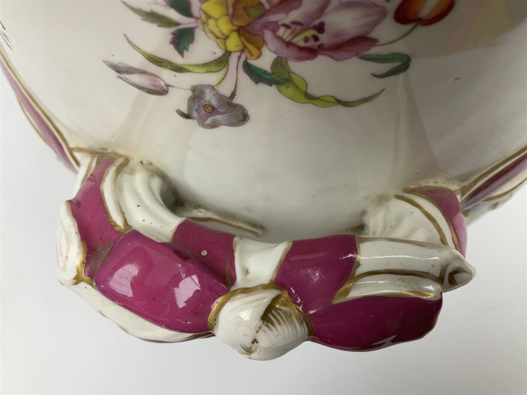 Large Victorian twin handled water pail and cover, of slightly bellied form decorated with floral sprays and moulded vine and ribbon detail, H36.5cm