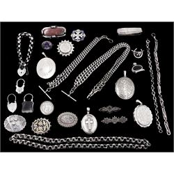 Victorian and later silver jewellery including two Albert chains, stone set brooches, bright cut and embossed brooches, lockets, bracelets, etc
