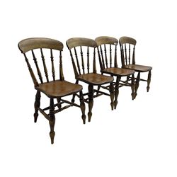 Four 19th century elm and beech farmhouse dining chairs, shaped cresting rail on spindle back, dished seat, on turned supports joined by double H stretcher base, the rear seat edge initialled 'A.S'