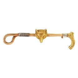 Early 20th century gold fox head and crop brooch, stamped 15ct