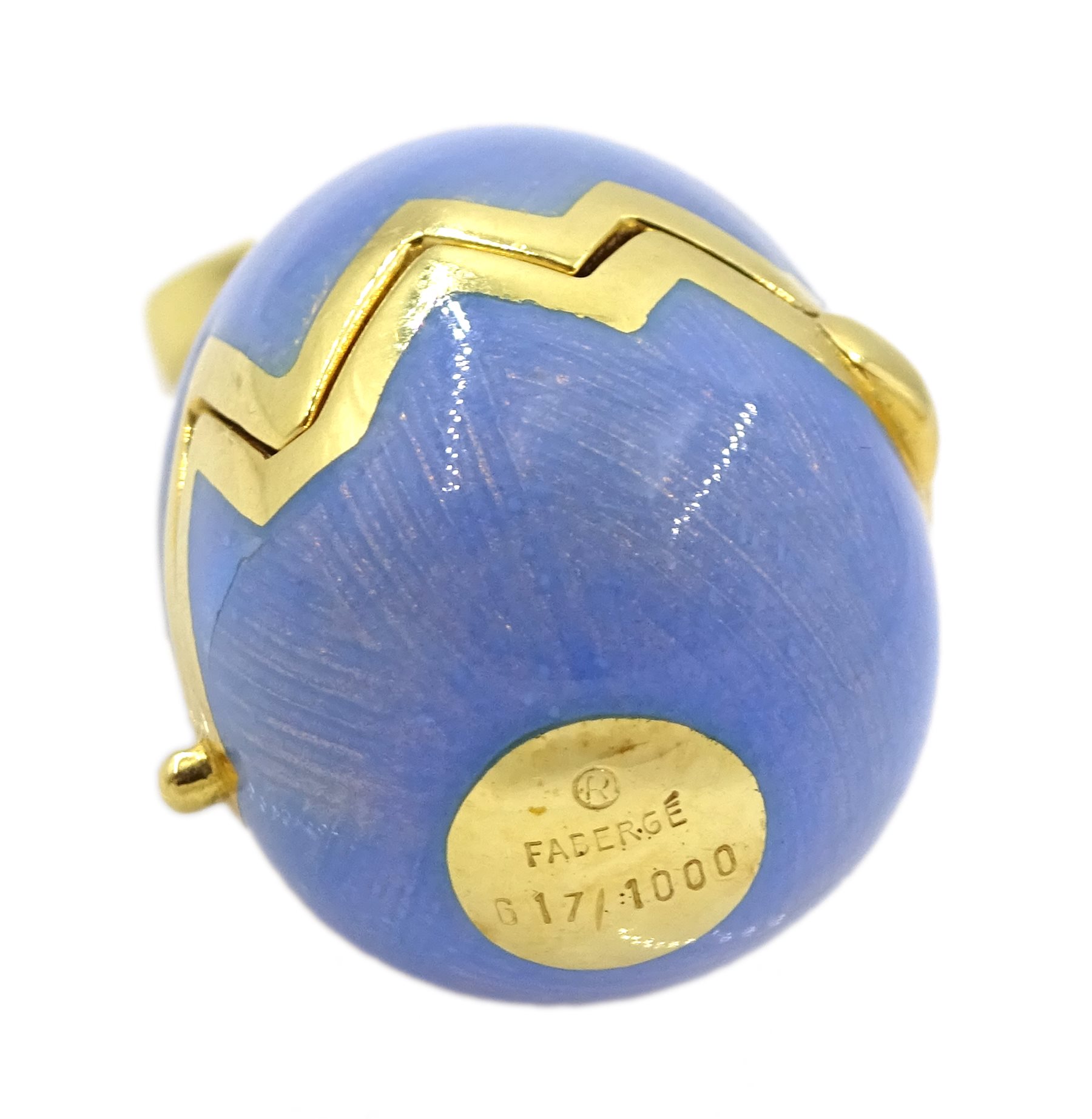 Victor Mayer for Faberge 18ct gold and blue guilloche enamel pendant, hinged lid revealing chick within, limited edition No.617/1000 reference No. F-1817 OB, stamped 750, boxed with certificate of authenticity 

[image code: 6mc]