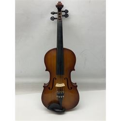 Chinese Parrot violin with 35.5cm two-piece back; L59.5cm in carrying case; and early 20th century German violin for restoration; bears label 'Antonius Stradivarius Faciebat Anno 1730'; cased with bow (2)