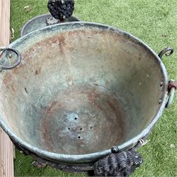 Small wrought metal garden planter with liner, circular cooking pot with lion handles - THIS LOT IS TO BE COLLECTED BY APPOINTMENT FROM DUGGLEBY STORAGE, GREAT HILL, EASTFIELD, SCARBOROUGH, YO11 3TX