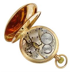 9ct gold open face keyless Swiss lever, 15 jewels pocket watch, white enamel dial with Arabic numerals and subsidiary seconds dial, case by Aaron Lufkin Dennison, Birmingham 1928