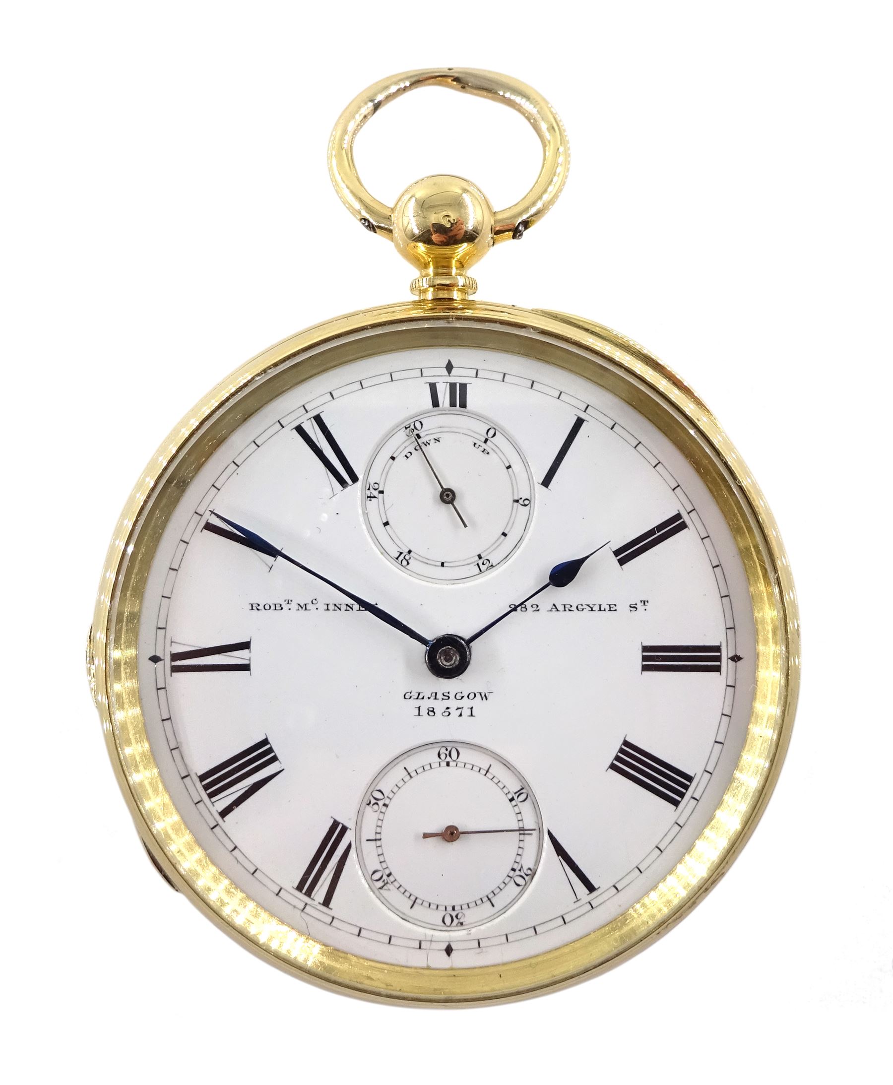 18ct gold open face English lever fusee 'up & down' pocket watch by Robert McInnes, Glasgow, No. 18571, table roller lever escapement, engraved balance cock with diamond endstone, white enamel dial with Roman numerals and subsidiary seconds dial, case by William John Hammon II, London 1877 