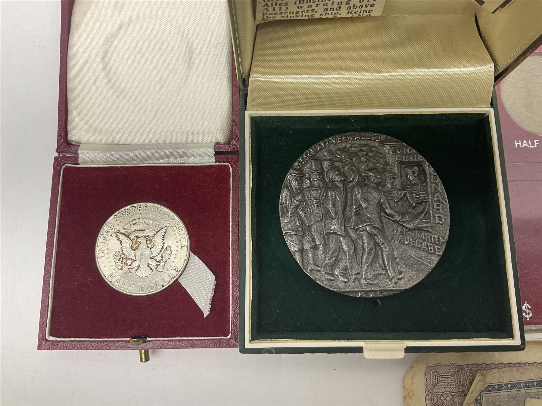 Great British and World coins and banknotes, including two Queen Victoria 1887 florins, King George V 1930 halfcrown, pre decimal pennies and other denominations, five Queen Elizabeth II five pound coins, United States of America 1964 Kennedy half dollar, German and other banknotes etc