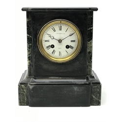  Victorian polished black slate and marble mantel clock, Roman dial signed Everington, twin train half hour striking movement, H25cm  