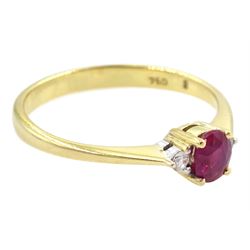 18ct gold three stone oval cut ruby and round brilliant cut diamond ring, stamped 750, ruby approx 0.30 carat