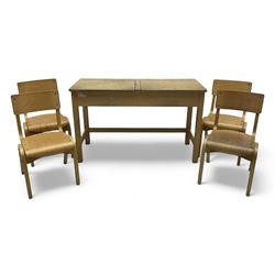 Mid-20th century beechwood school desk, rectangular lift-top desk with storage compartment, supported by square legs with cross stretchers; four matching beech chairs (5)