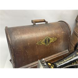 Metal hat box, together with another metal traveling case and a singer sewing machine 