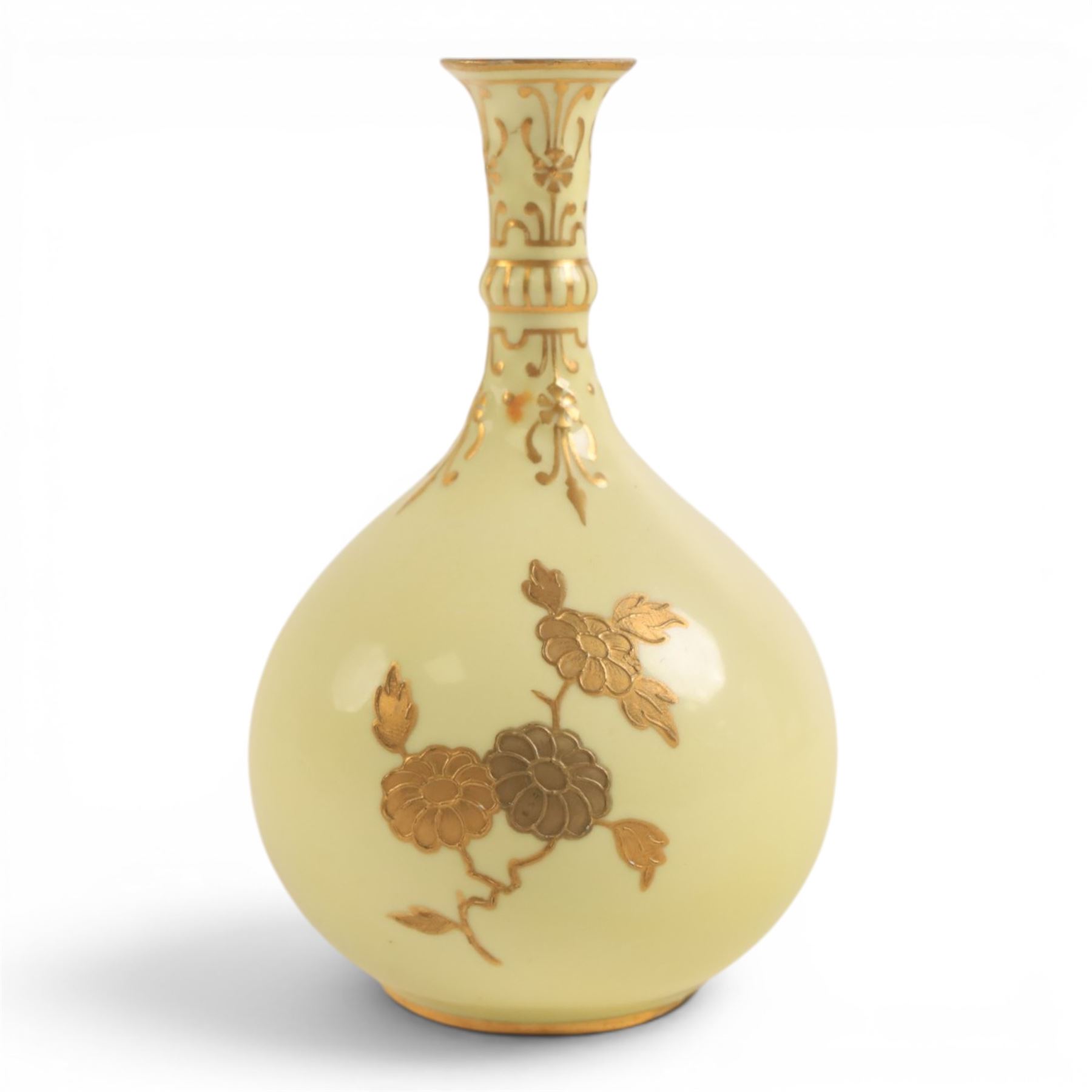Pair of Royal Crown Derby bud vases, decorated with gilt floral sprigs upon a yellow ground, marked beneath, H14cm