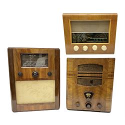 1950s Bush AC41 mahogany cased valve radio, 1930s Philips 588A with walnut veneer case, and 1940s Cossor Model 77, tallest H47cm W36cm D24cm