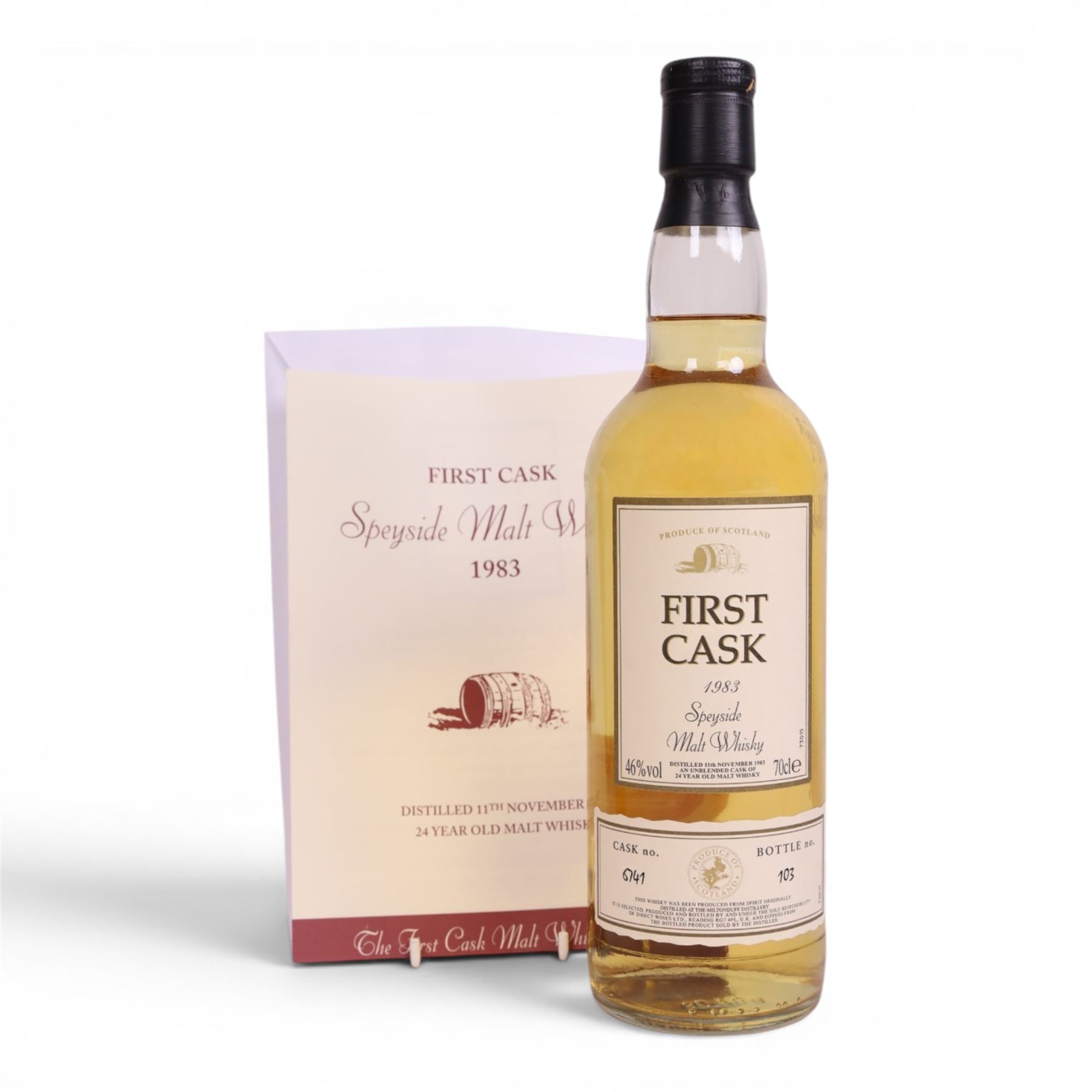 Miltonduff 24 year old  Speyside malt scotch whisky, 70cl 46% vol, First Cask; distilled 11th November 1983, from cask number 6741, bottle number 103, with certificate