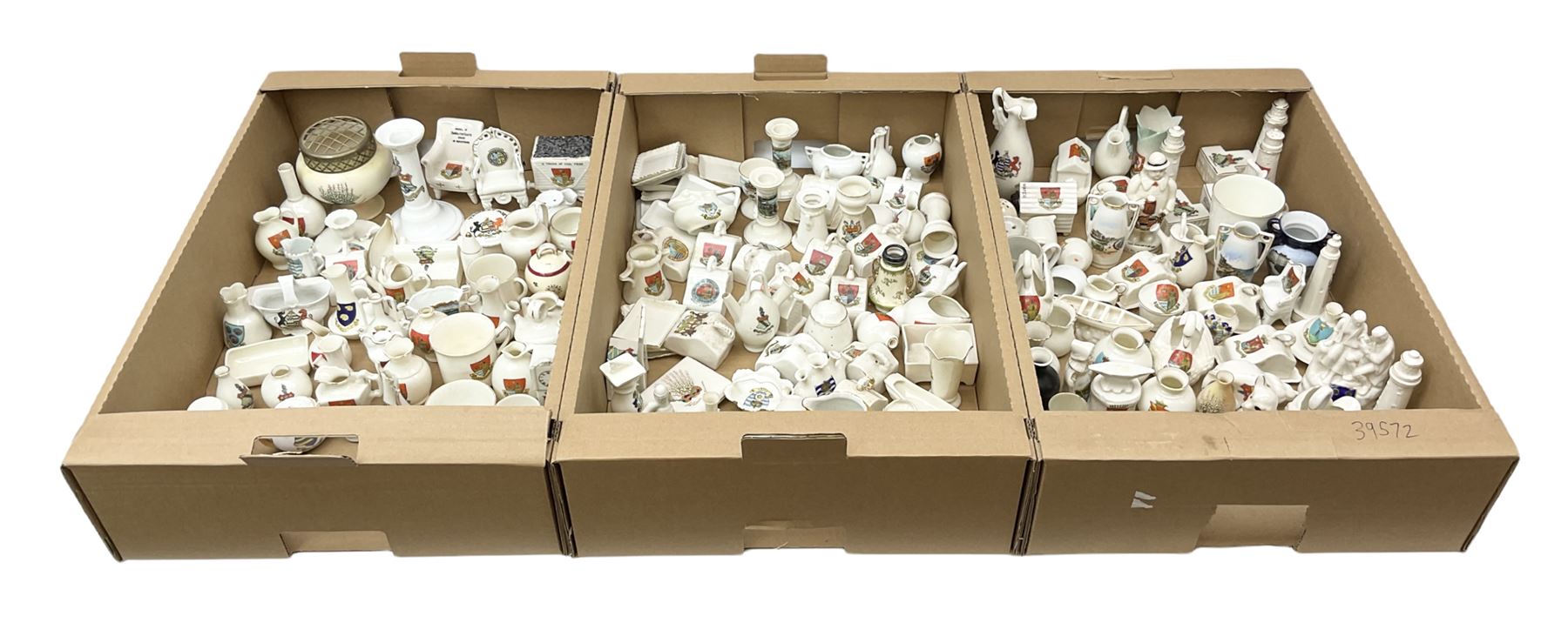 Collection of crested ware, to include Scarborough Willow Art coal truck, Whitby Willow Art Burns and Highland Mary figure group, Carlton China beer drinker 'Tak Hod an Sup Lad', and 'Here's ta me an'ma wife's usban', lighthouse, boat, Kingsway Art China Sir Walter Scott's Chair, butter dishes, candlestick, pianos etc