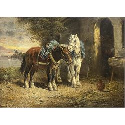 Henry Schouten (Belgian 1864-1927): Working Horses outside their Stable, oil on canvas signed 28cm x 38cm