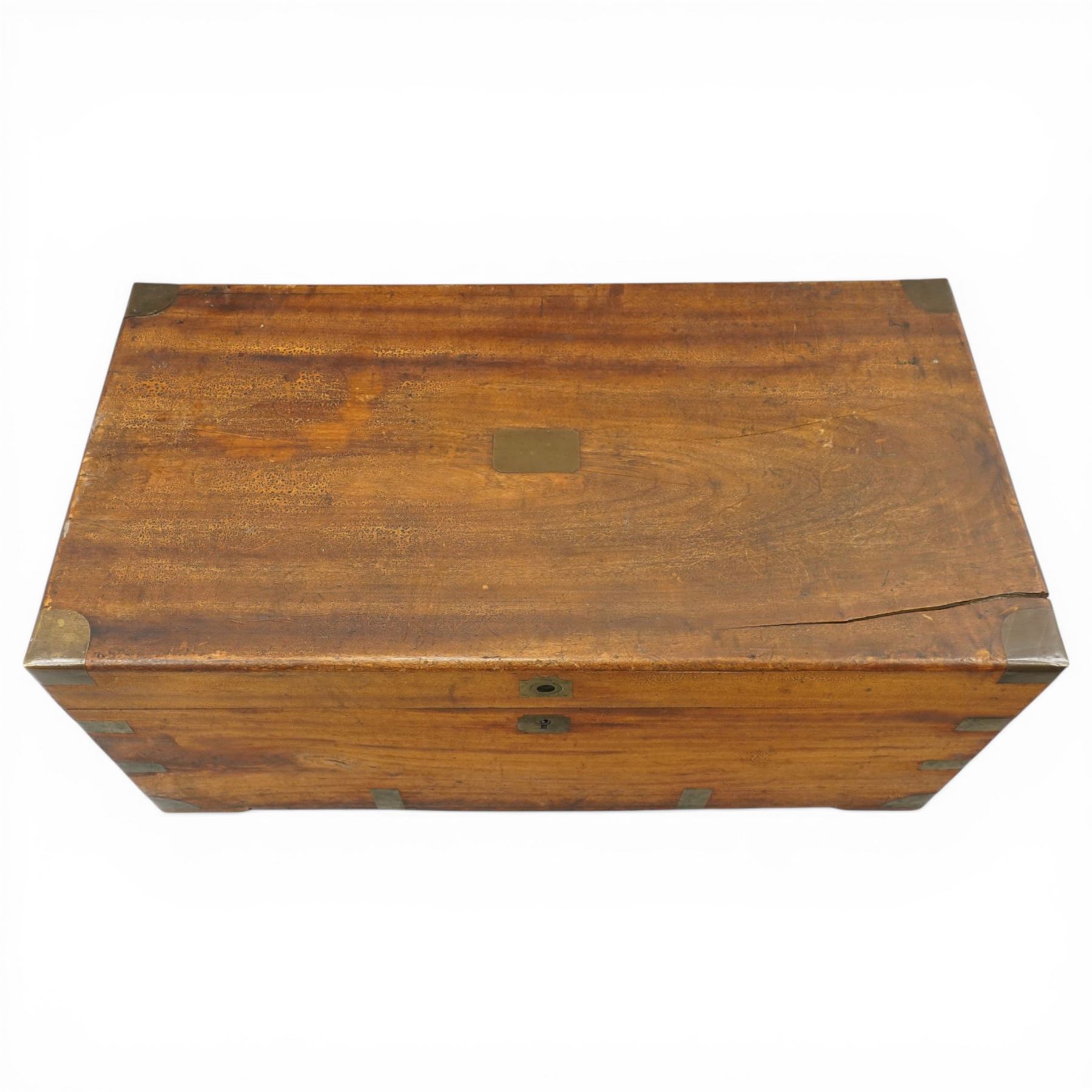 Campaign style camphor wood chest, the rectangular top with brass carrying mounts, brass bound angles and straps, with hinged cover