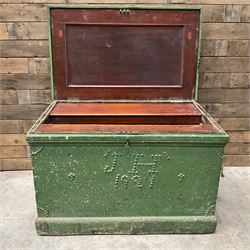 19th century green painted pine carpenters tool chest, mahogany lined fitted interior with adjustable sliding fitted compartments