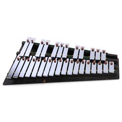 Ajax Boosey & Hawkes metal glockenspiel with black wooden frame, wooden beaters, in hard carry case