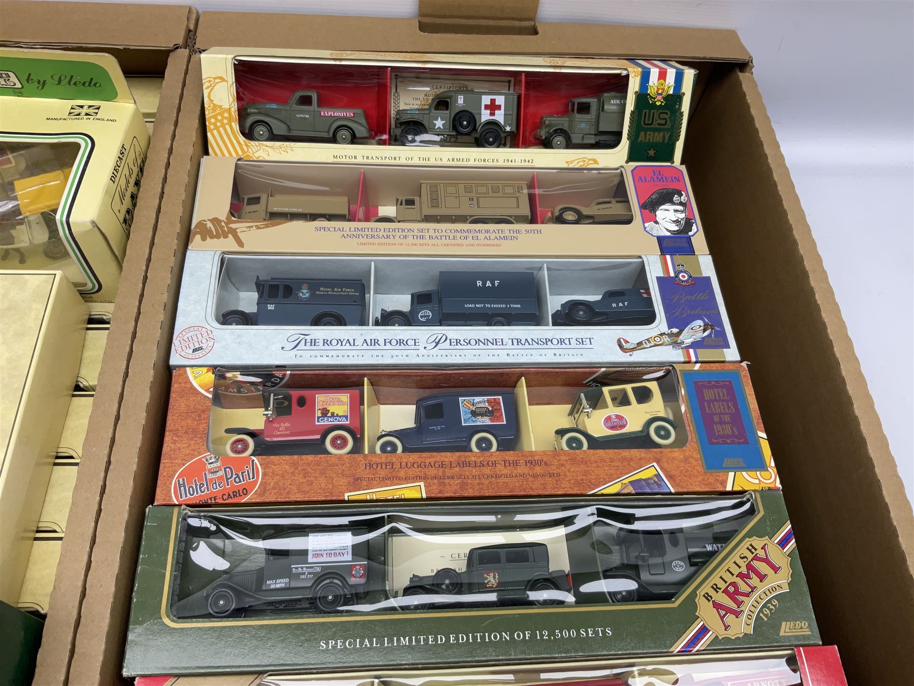 Lledo Railway Express Parcel Van of the 1930's sets, British Army Collection 1939, Exchange & Mart, Days Gone box sets and others in two boxes (37)