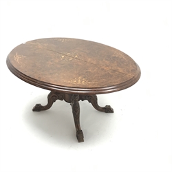 Victorian inlaid oval tilt top table, quadruple turned support with central finial on four acanthus carved outsplayed supports, W146cm, H72cm, D112cm