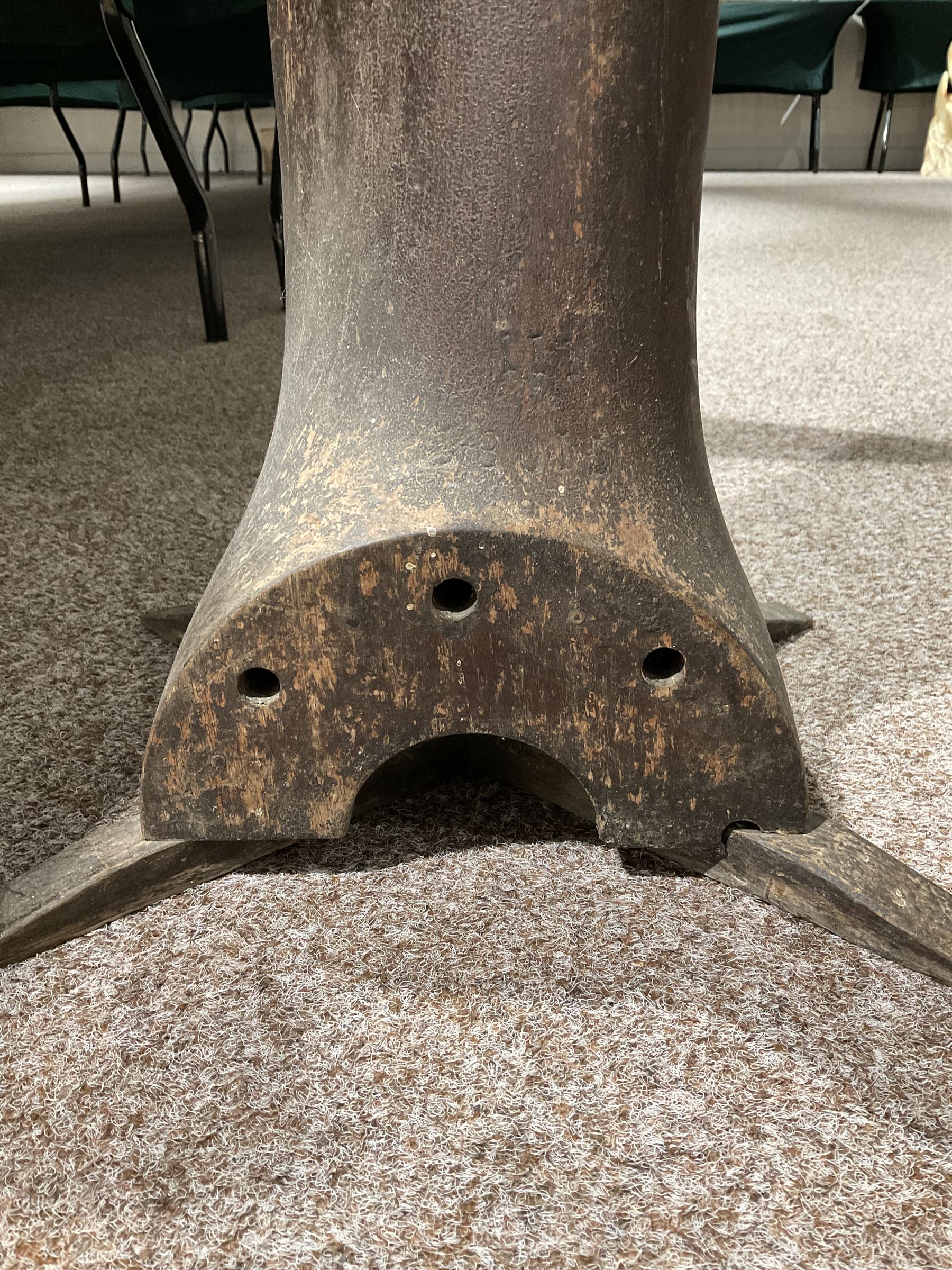 WWI wooden propeller blade from a Royal Aircraft Factory S.E.5, mounted on a four-legged metal base