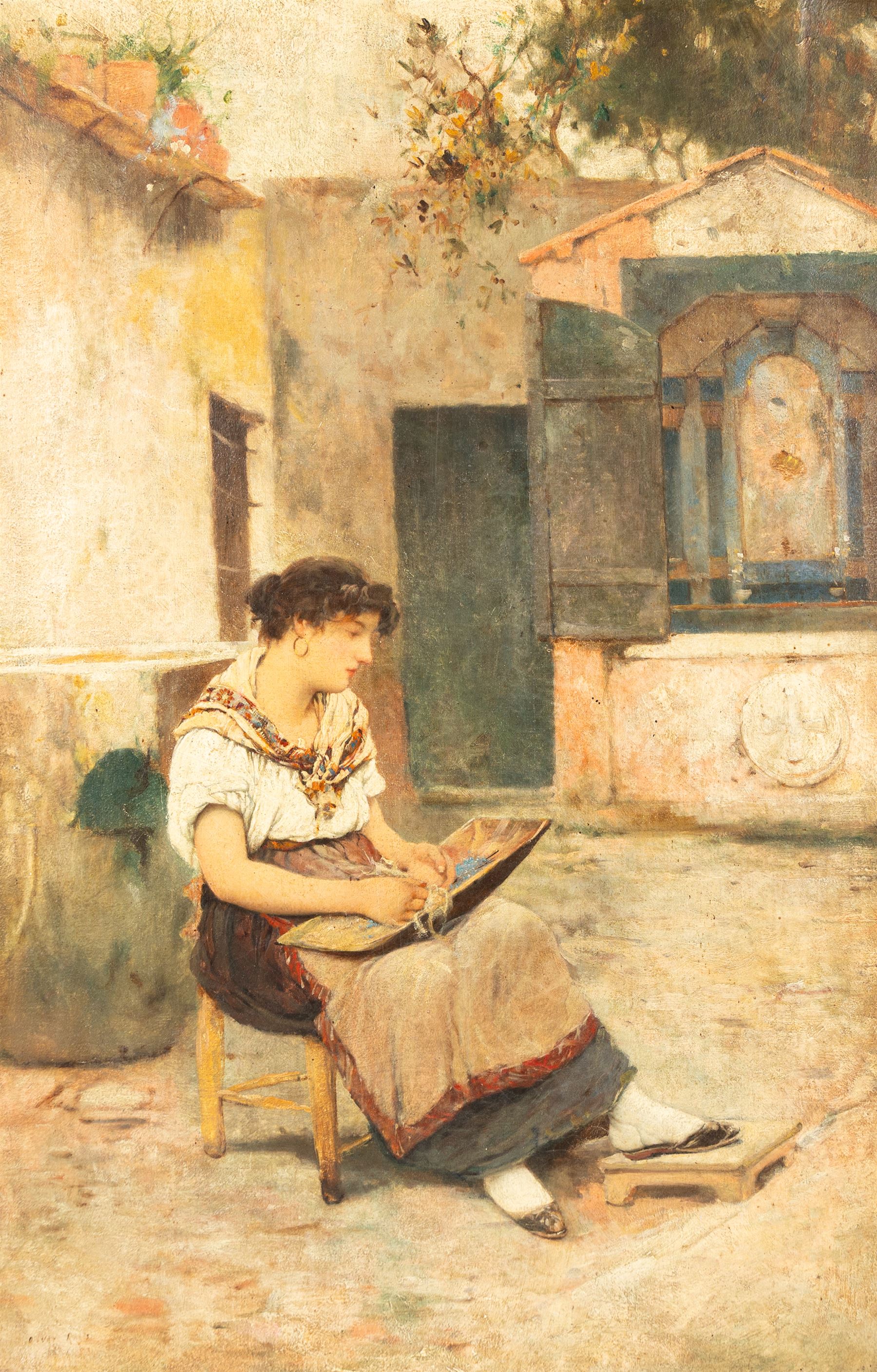 Oliver Rhys (British 1854-1907): Beadwork in a Mediterranean Courtyard, oil on canvas signed and indistinctly dated 75cm x 50cm