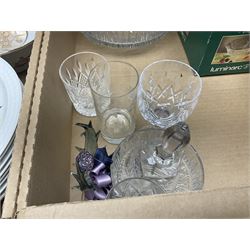 Collection of cut glass including vases, drinking glasses and a decanter, together with a four 'The Village' teapots, silver plate and other ceramics, in four boxes 