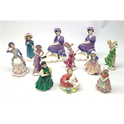  Five small Royal Doulton figurines, comprising Home Again HN2167, Carrie HN2800, Dinky Do HN1678, Francine HN2422, (a/f), and Tootless HN1680, each with printed mark to base, together with a Royal Crown Derby figurine Vanity, a pair of unmarked Art Deco style figurines, (a/f), and a set of three Continental Art Deco style flapper girl figurines, (one a/f).   