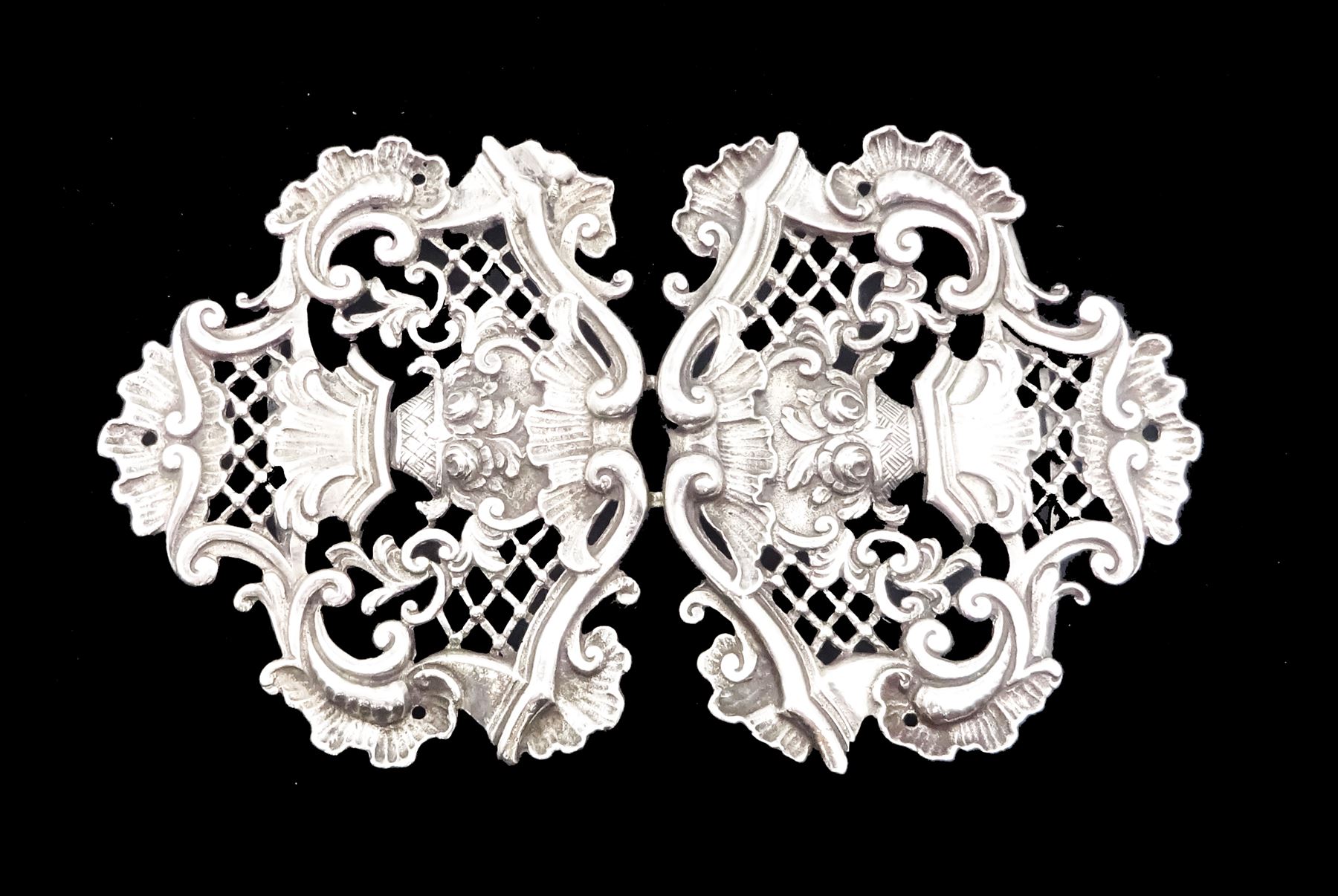Silver nurses buckle, with pierced lattice and foliate decoration