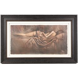 Nicolas Ruston (British 1975-): Reclining Nudes, pair of mixed media signed and dated '99, 38cm x 74cm (2)