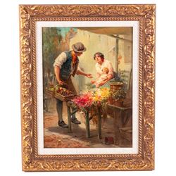 Stefano Novo (Italian 1862-1927): The Flirtatious Fruit Seller, oil on board indistinctly signed lower left 38cm x 29cm