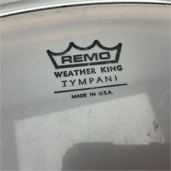 Timpani drum with coppered finish to the bowl, three adjustable tubular legs 'Marked Made in England 71 260' and Remo head D75cm 