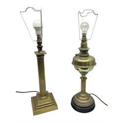 Brass table lamp in the form of a Corinthian column, together with a converted oil lamp, tallest without lightbulb H50cm