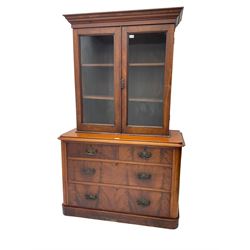 Victorian mahogany chest, fitted with two short and two long drawers (W115cm, H78cm, D49cm), and a two door glazed cabinet (W100cm, H103cm, D37cm)