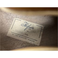 1958 Hofner Senator acoustic guitar with two-tone finish and Hofner label bearing serial no.5315, L104cm overall; in soft carrying case.