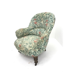 Victorian nursing chair upholstered in a Sanderson William Morris fabric Arbutus, turned supports, W73cm