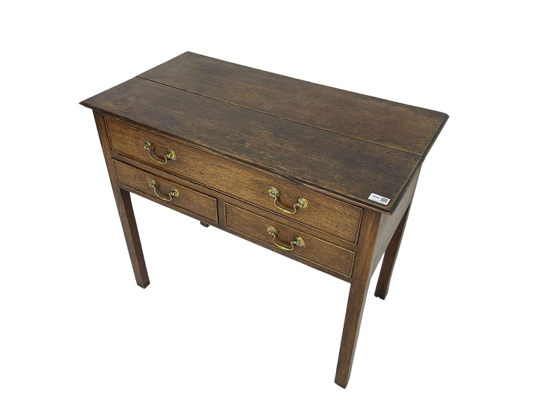 Georgian oak lowboy, rectangular moulded top over three drawers, on square supports