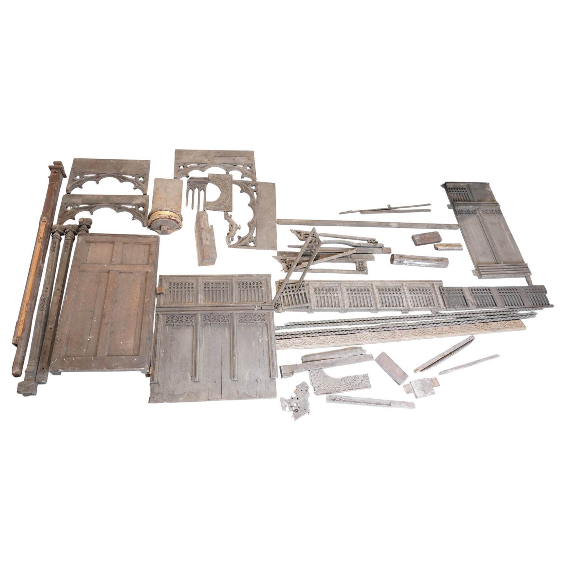 Architectural Salvage - Quantity of 19th century oak church panels including gilt decorated statue stand, carved fret work rails, confessional door with carved uprights etc
Notes: Removed in the 19th century from the church in the grounds of a private Yorkshire estate 
Provenance: property of a Nobleman