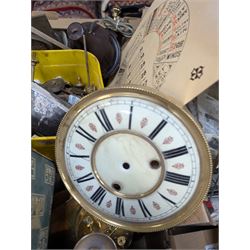 Collection of clock parts and accessories, including movement, faces, dials, tools, brass fittings, etc, in three boxes