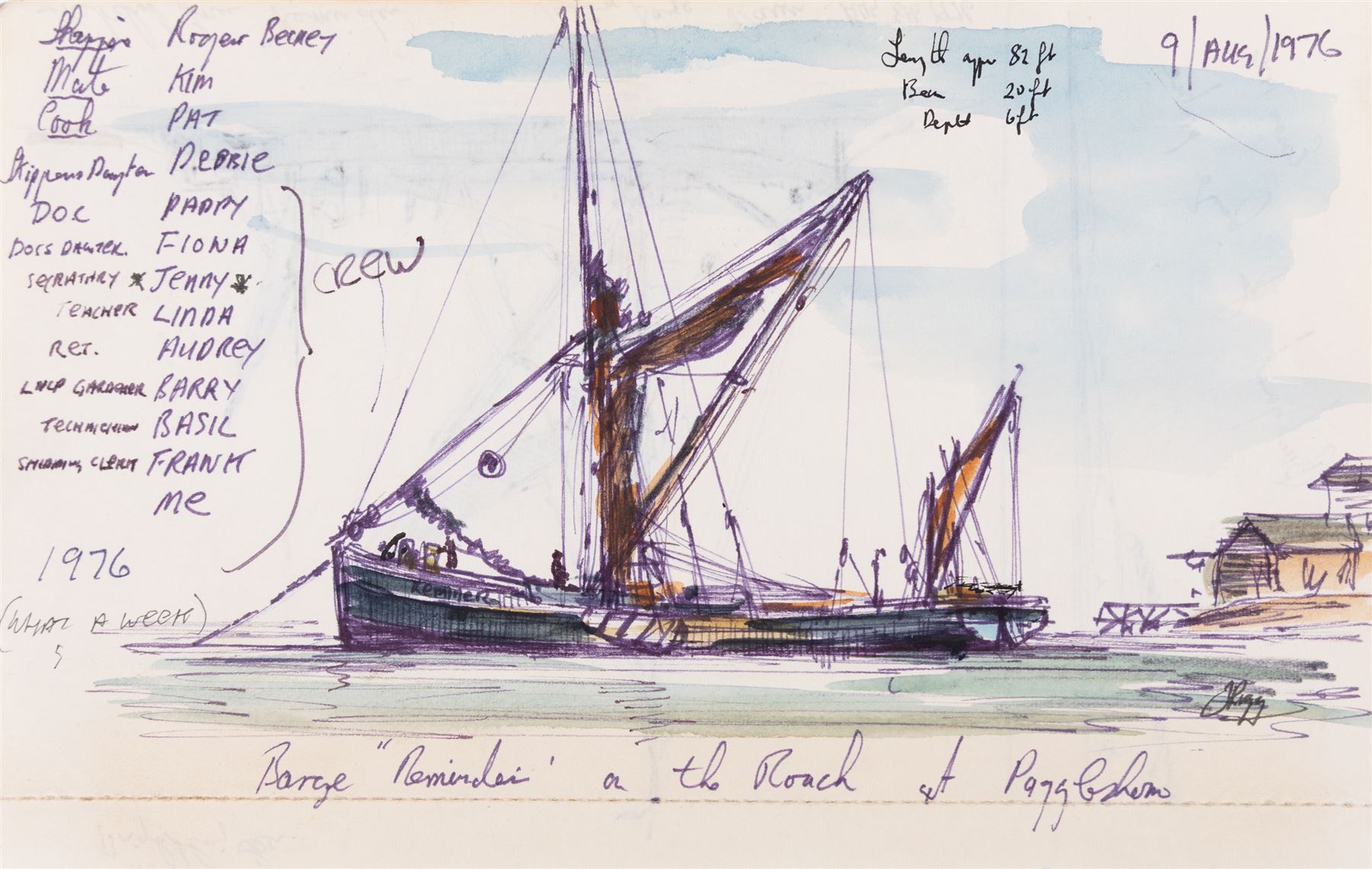 Jack Rigg (British 1927-2023): Thames Sailing Barge 'Dawn', ink and watercolour signed and dated 1976, together with two associated sketches 37cm x 53cm 