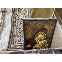 Silver plated jewellery box with foliate decoration and domed hinged lid, further silver plate and other metalware,
Icon of Mary and baby Jesus on wood, quantity of craved treen, rug etc